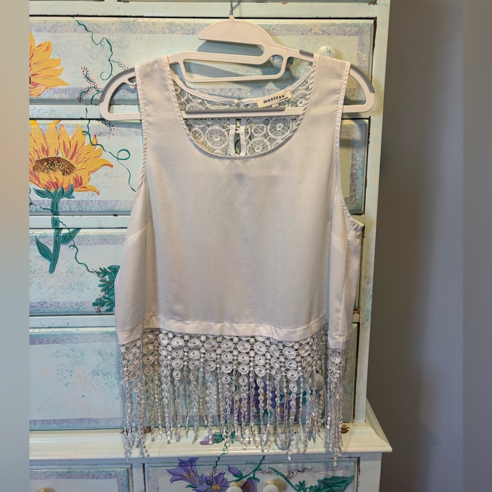 Monteau Semi-sheer Cropped Blouse with Lace Fringe